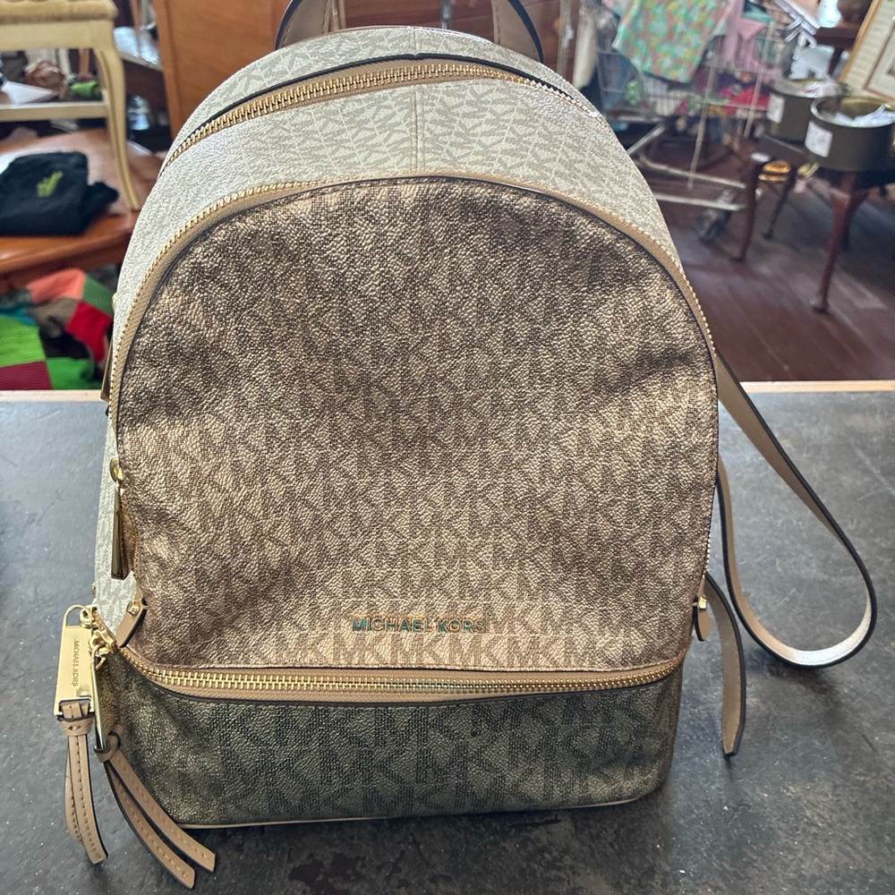 Michael Kors Tan and Brown Logo Backpack